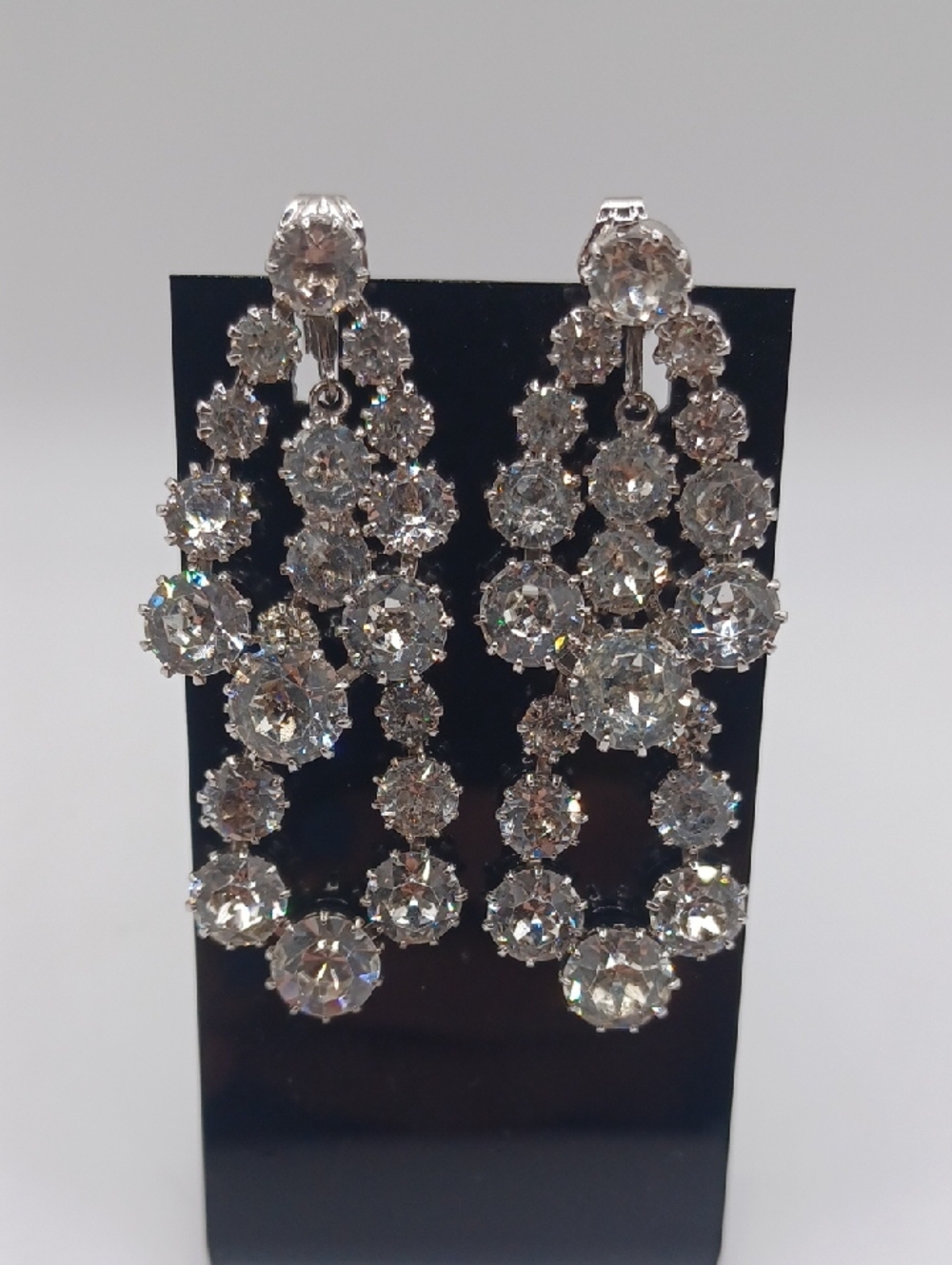 Vogue Clear Rhinestone Double Drop Clip On Earrings - Picture 3 of 8